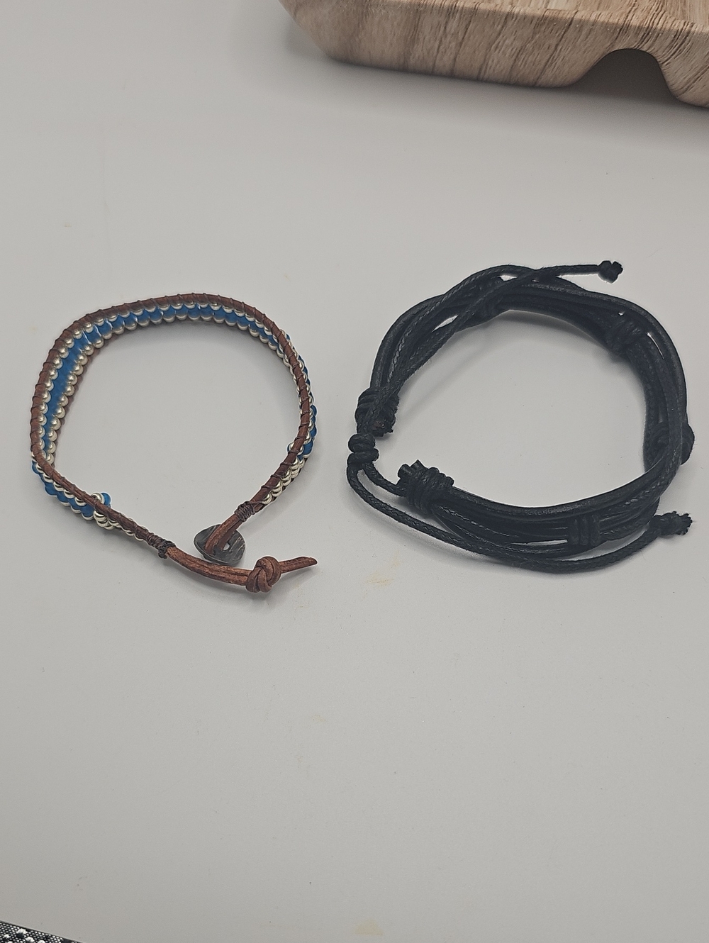 Unbranded Men's Black Leather Cord Bracelet and Brown Beaded Wrap Bracelet Set.